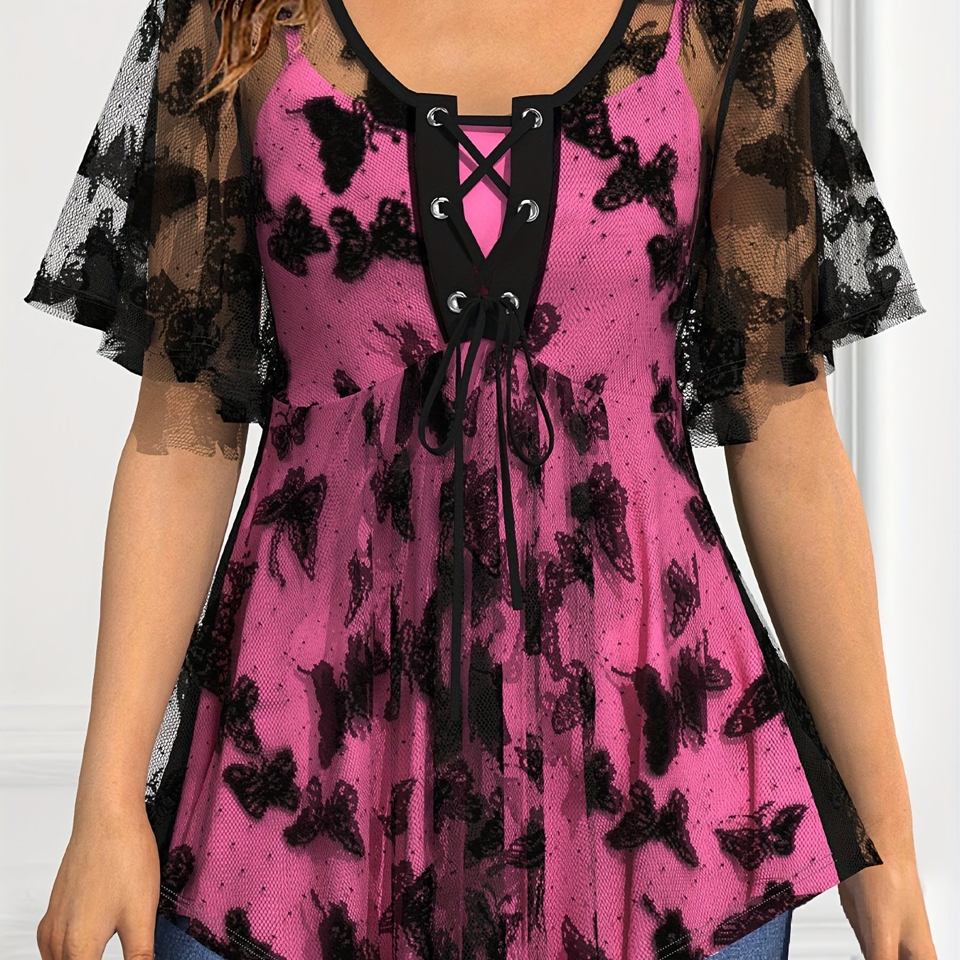 Plus Size Elegant Lace Up Butterfly Pattern Short Sleeve Top, Women's Clothing