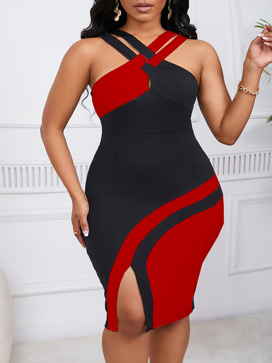 [Elegant Pencil Dress] CHICCLOTH Plus Size Women's Cross Neck Pencil Dress | Black & White Contrast, Machine Washable, Spring Summer Fall Office & Casual Wear, Elegant Collection, Nontransparent Fabric