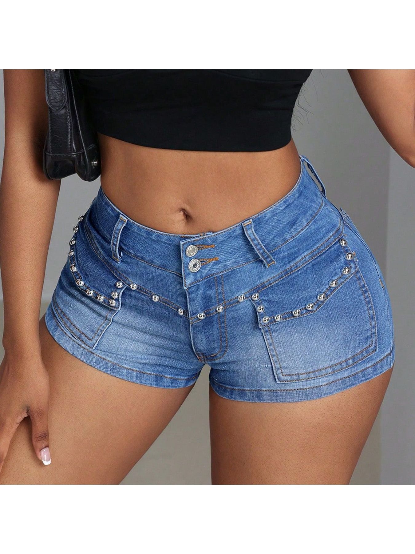 Women's Low-Rise Beaded Denim Shorts - Stretch Short Waisted Summer Shorts Suitable for Casual & Dressy Outfits - Slimmed Water-Wash Denim Shorts (Hand Washable)