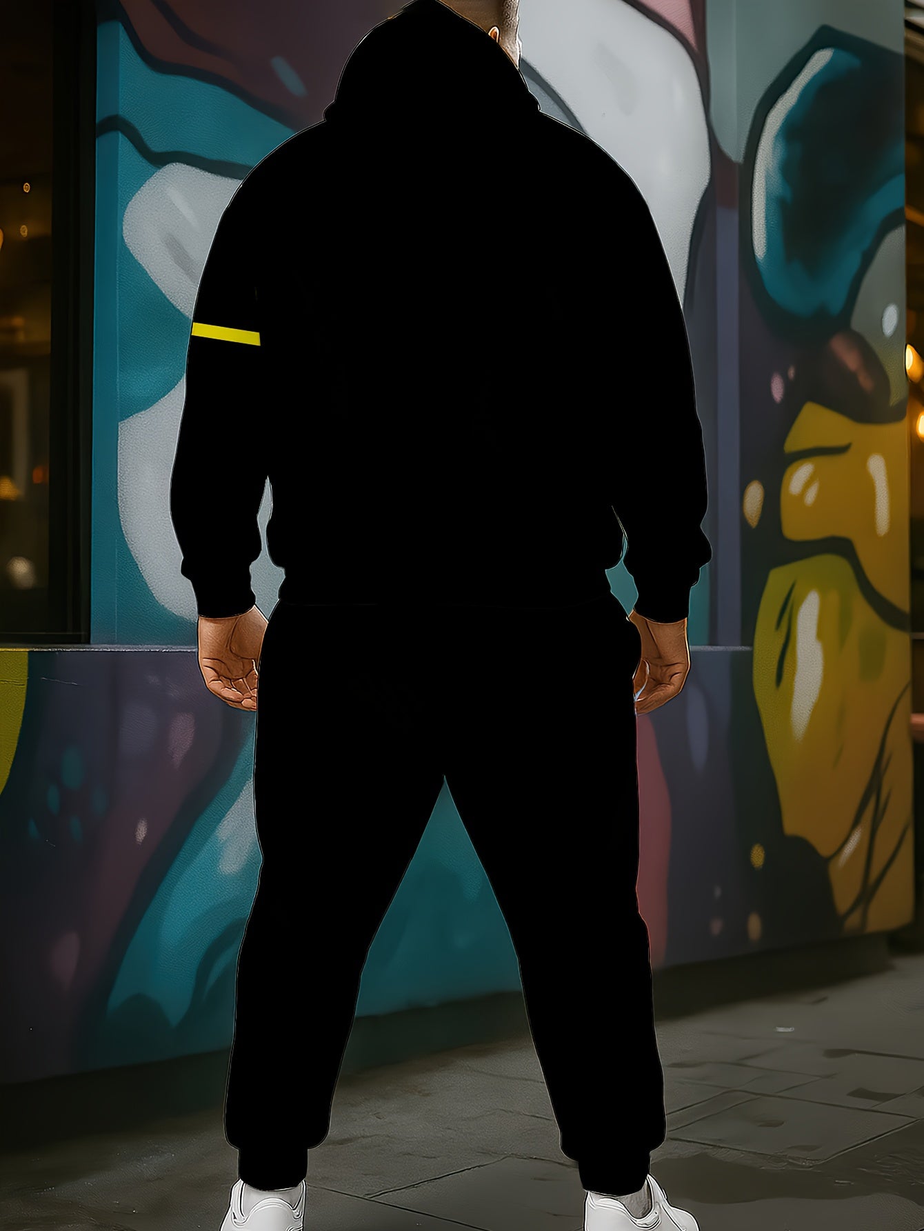 Men's Plus Size 6XL Full-Body Black Striped Matching Tracksuit - 2pcs Oversized Hoodie & Sweatpants Set, Breathable Machine-Washable Fabric for Gym,, Lounge & Casual Wear - Matching Outfit for Big & Tall Men (Comfortable), PL