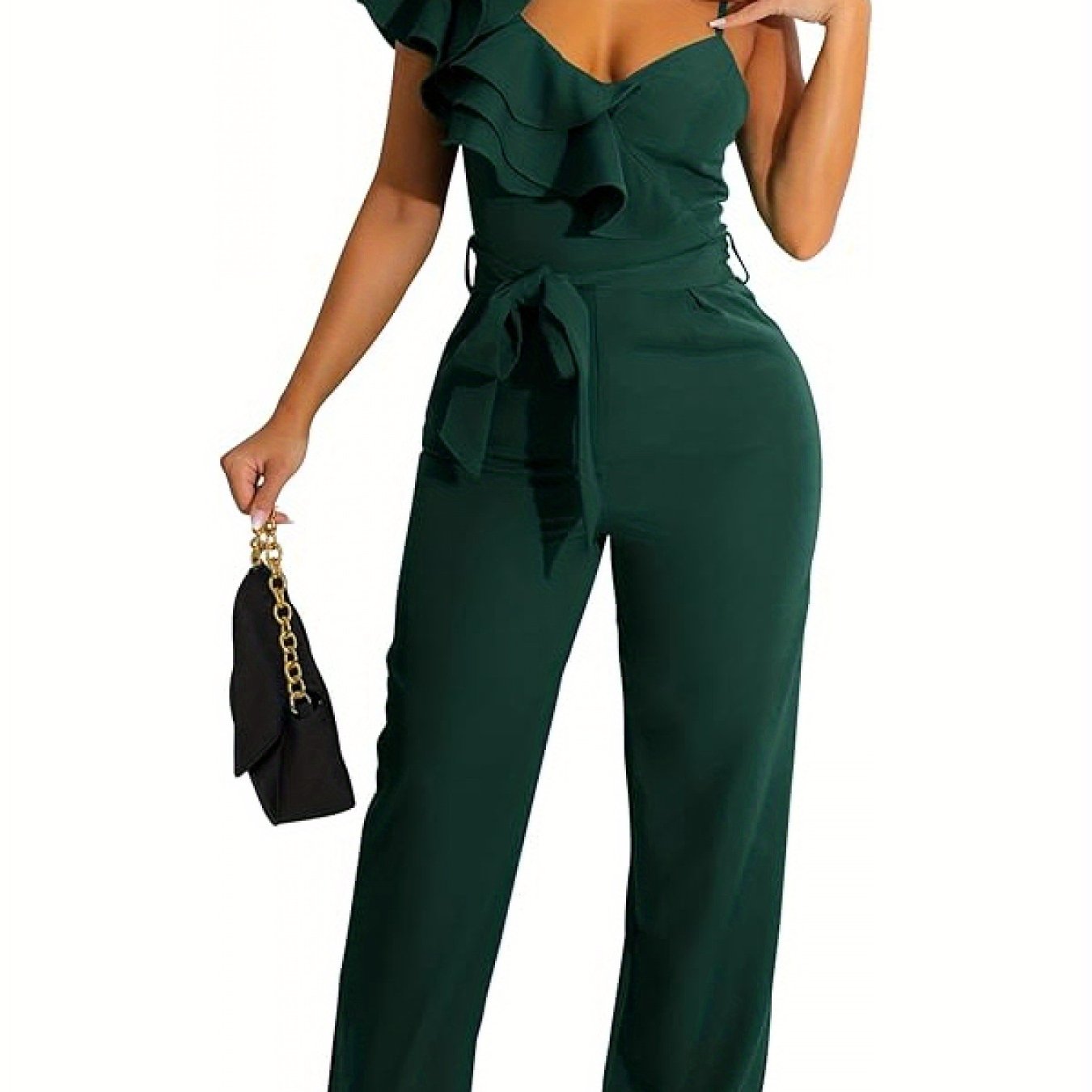 Women'S Casual Jumpsuit V Neck Sleeveless One Shoulder Ruffle Halter Backless Drawstring Wide Leg Pants Sexy Bodysuit Party Club Costume