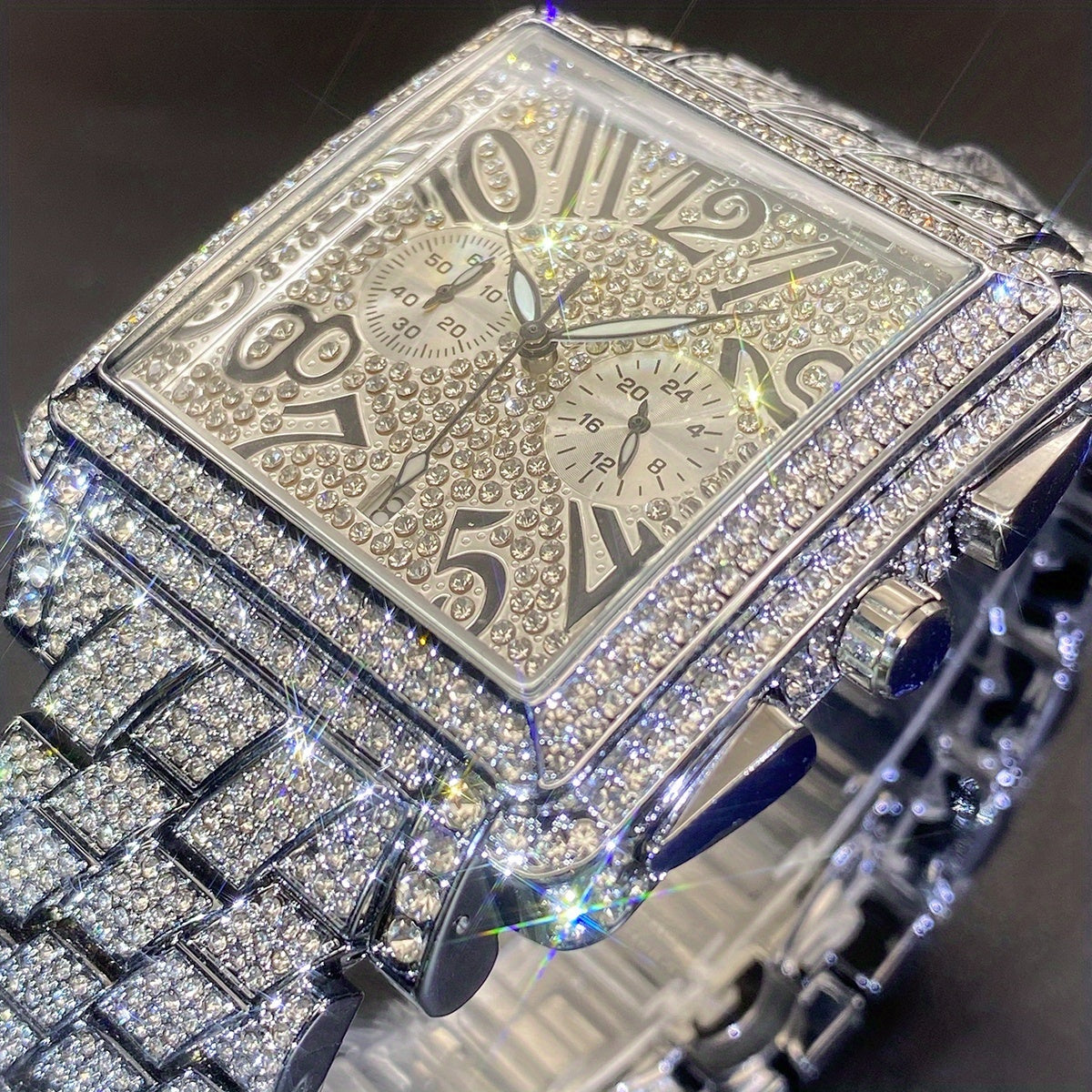 MISSFOX Men'S Luxury Hip-Hop Watch - Golden-Tone Quartz Movement with Date/Calendar, Square Dial & Roman Numeral Display, Sparkling Rhinestone Bezel, Battery-powered Formal/casual Wristwatch For Everyday & Special Events - Id