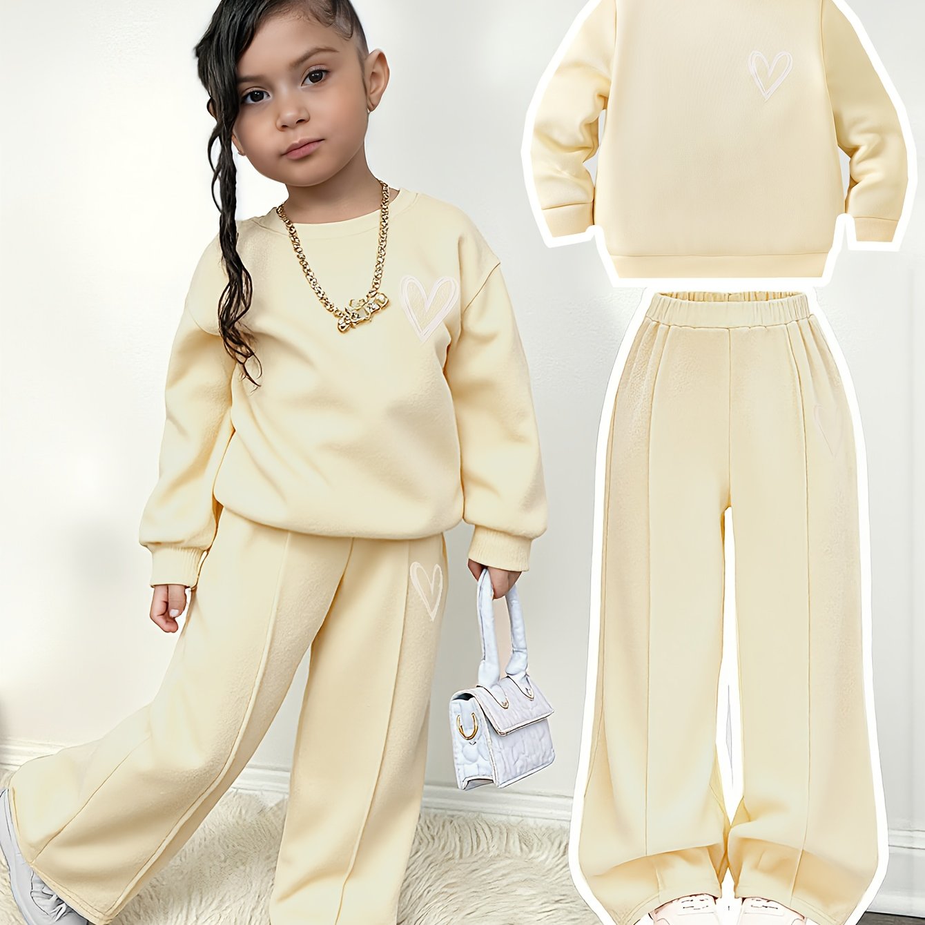 Girl'S Autumn and Winter Love Print Fleece Hoodie + Print Pants Two-Piece Set | Suitable for Outdoor Wear, Comfortable Fabric with Fleece Insulation, Casual Style, Regular Fit, Ideal Gift for Children.