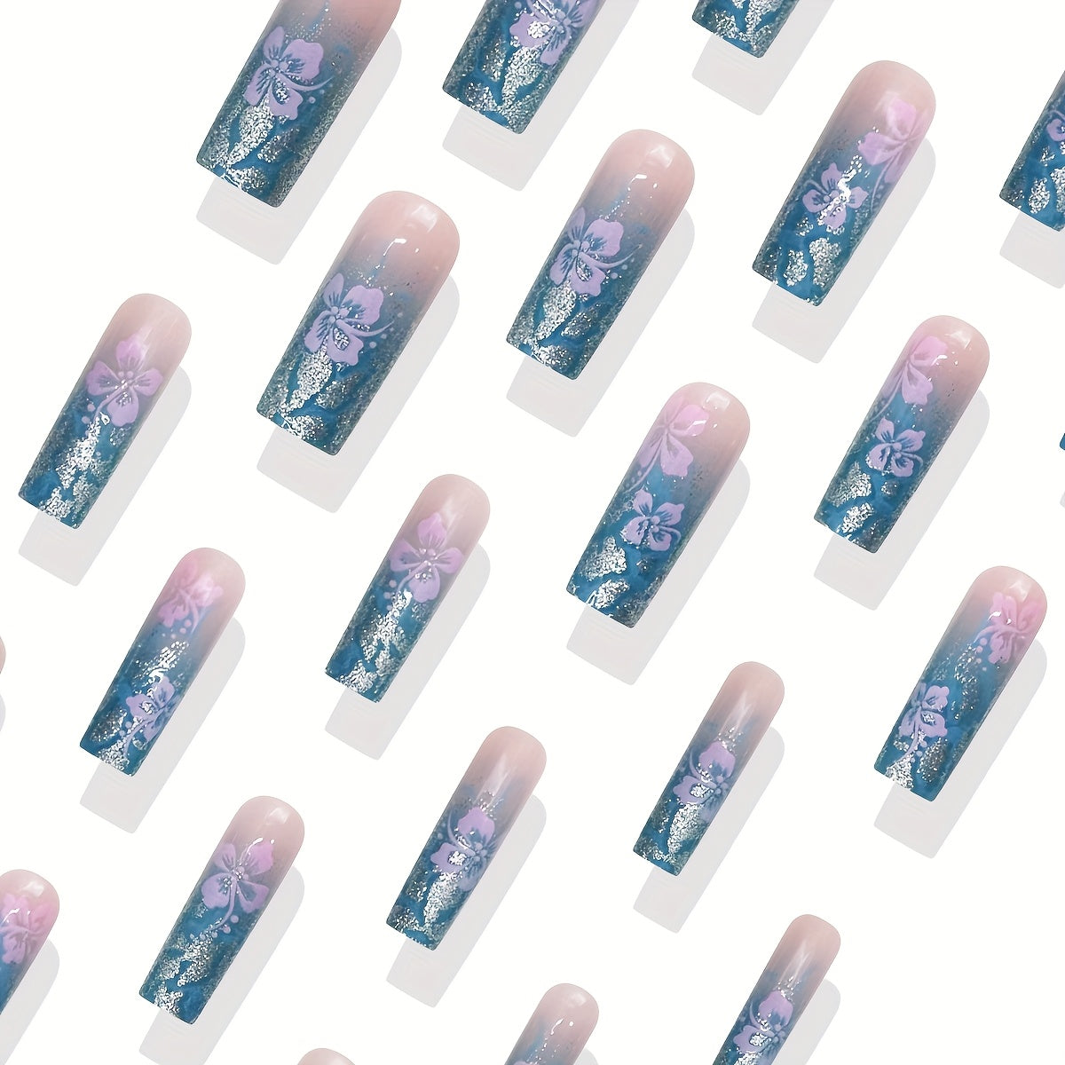 Upgrade Your Style, 24pcs Full Coverage Matte Artificial Nails with Purple Floral Pattern and Silvery Glitter Design for a Simple yet Elegant Look, Suitable for Daily Wear Nail Art