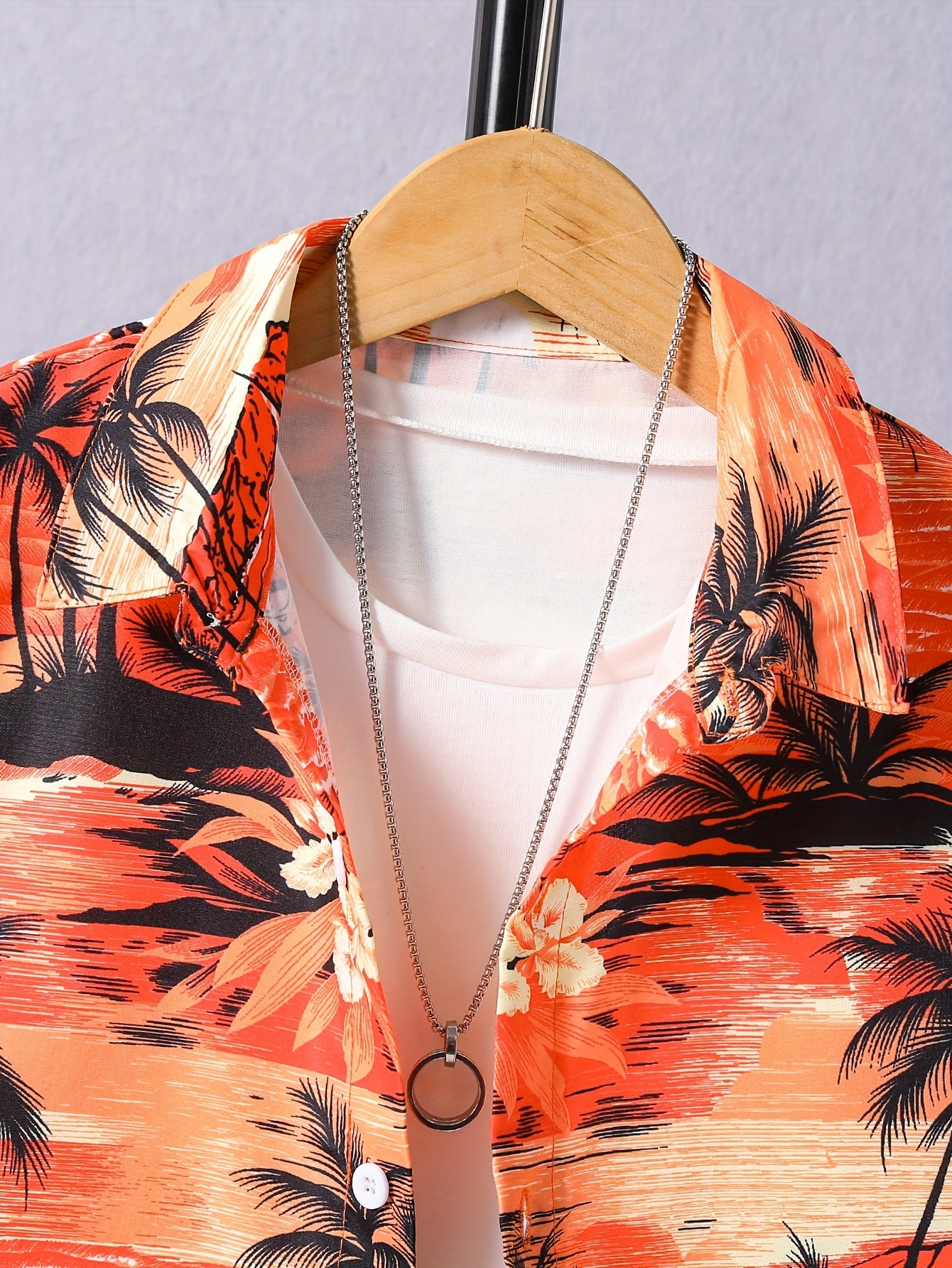 2-Pack (Set) Boys Sunset Coconut Tree Pattern Print Short Sleeve Lapel Shirt And Shorts Set, Comfortable Summer Boys Daily And Outdoor Wear, for Outdoor