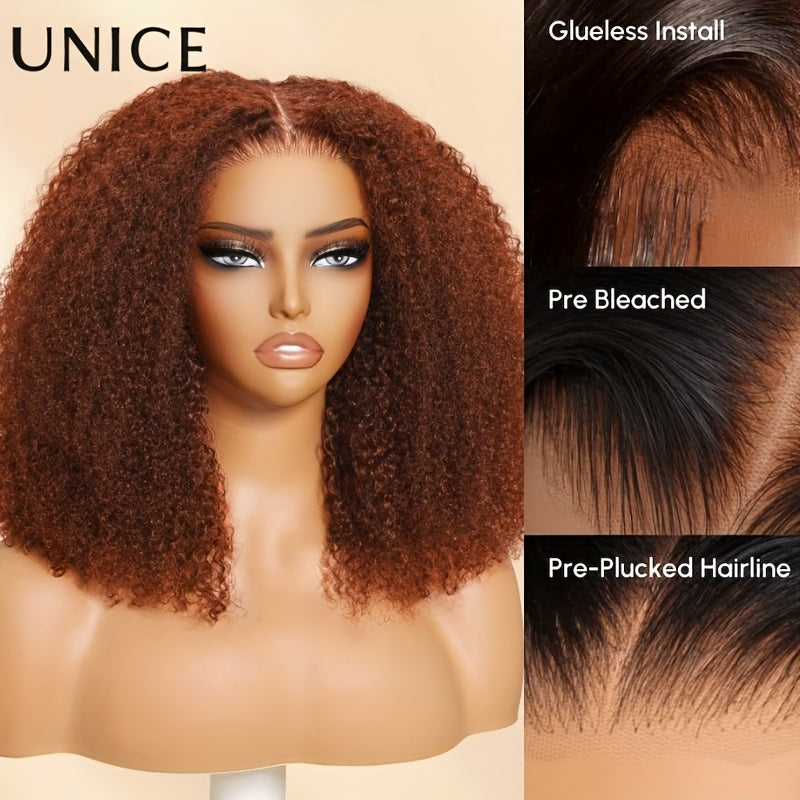 UNice 7x5 Glueless Lace Human Hair Wig - Kinky Curly Reddish Brown with Bleached Knots, 180% Density, 16 Inch Looking Wig with Pre-Plucked Hairline & Invisible for Men &, Dreadlock-Friendly (No Glue Needed)