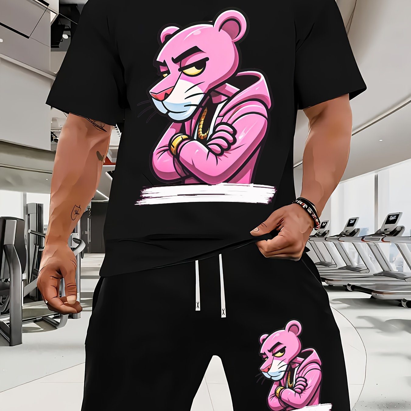 Men'S Short-Sleeved T-Shirt And Waist-Tightening Shorts Set with Trendy Pink Leopard Image Print, Casual Sports Regular Top And Pants Suit, Suitable for Spring And Summer Matching