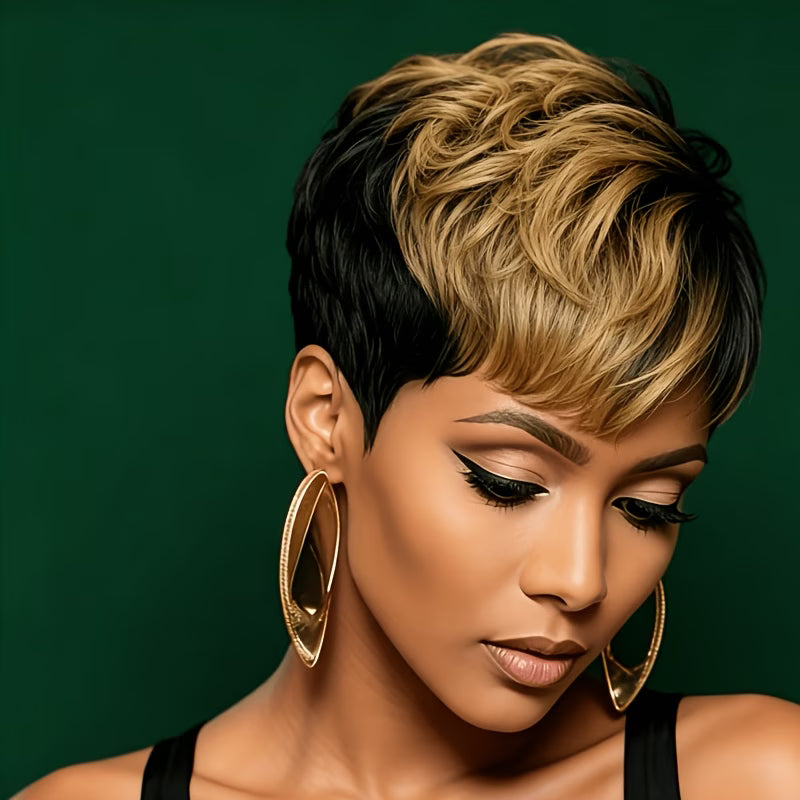 Women's Short Straight Pixie Cut Human Hair Wig with Bangs - 1B/30# Blonde Machine-Made Full Wig Suitable for Holiday/Party & Casual Attire, Density Hairpiece for Bald, Elastic for All Skin Tones