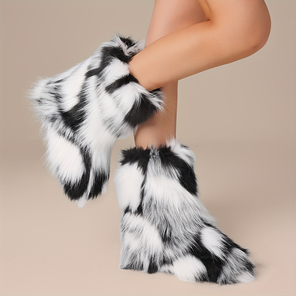 [Ultra-Cozy Paw Boots] Ultra-Cozy Women's Slip-On Animal Paw Boots | Non-Slip Rubber Sole, Brown & Black Faux Fur-like Plush Boots for Cold Weather Indoor/Outdoor - Cute Faux Fur Paw Slipper Boots Gift for Women, Furry Boots,