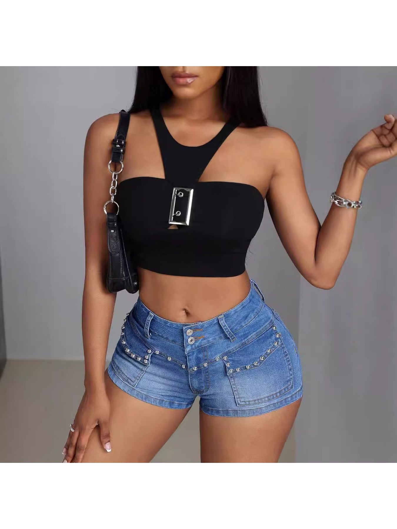 Women's Low-Rise Beaded Denim Shorts - Stretch Short Waisted Summer Shorts Suitable for Casual & Dressy Outfits - Slimmed Water-Wash Denim Shorts (Hand Washable)