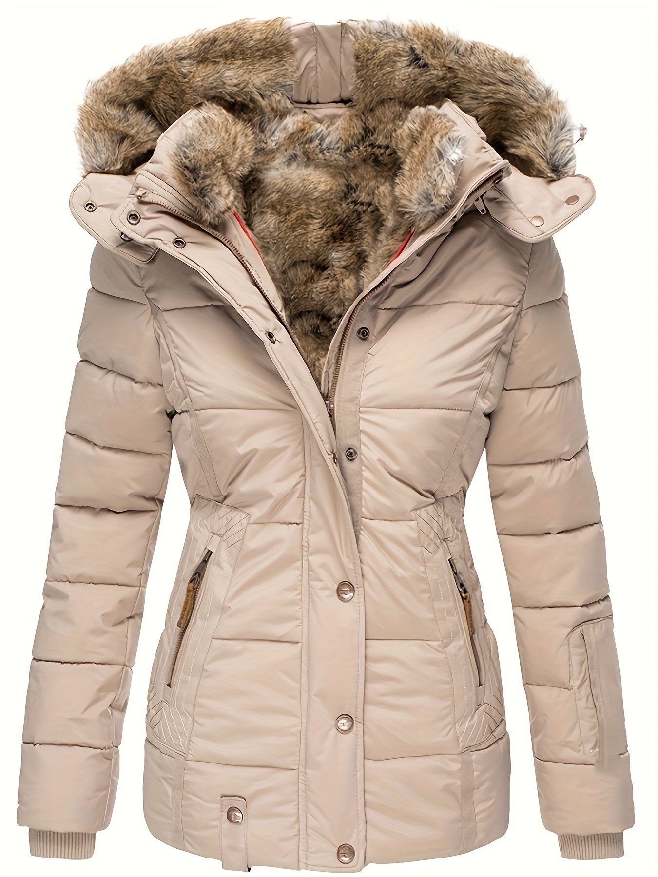 Plus Size - Women'S Winter Warm Hooded Coat with Luxurious Fur Collar & Full-Zip Closure - Slim-Fit Long Sleeve Jacket, Plus Size Cold-Weather Outerwear, /Navy, Casual to Formal Outfits, Non-Stretch Fabric, Easy On/Off Zipper