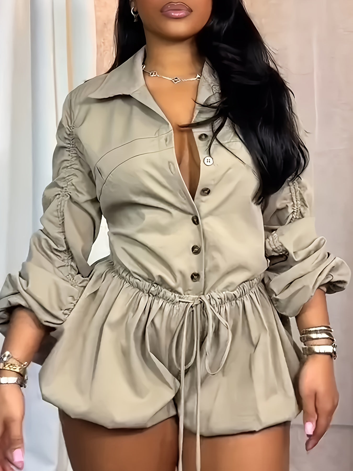 Women's Casual Long Sleeve Jumpsuit with Lace-Up Detail - Beige, Non-Stretch Fabric, Lapel Collar, Romper Style for All Seasons, Casual Wear | Lace-up Detailing | Fabric constructio