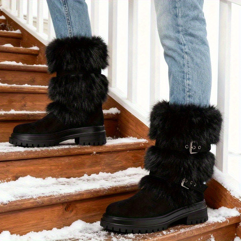 faux fur Mid-Calf Snow Boots for Women | Round Toe Platform Heel, Non-slip Pull On, Warm Shoes with Buckle Decor, Fluffy Furry, Comfortable Fashion Luxury Outfit, Outdoor Winter Booties Woman