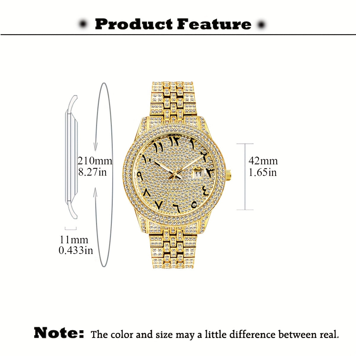 Men's Luxury Hip-Hop Watch with Sparkling Rhinestones, Quartz Movement & Date Calendar - Golden-Tone Metal -Accented Band, Battery-Powered for Parties, Dates, Valentine's Day Gifts, Hip Hop Jewelry, Date Night Watch, Rhinesto