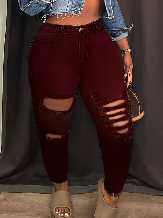 Y2K Women's High Elasticity Mid-Rise Ripped Skinny Jeans with Butt Lift - Plus Size Cropped Denim Pants, Stretchy Streetwear Style for All-Season Wear, Trendy Casual Outfit, Solid Color Design