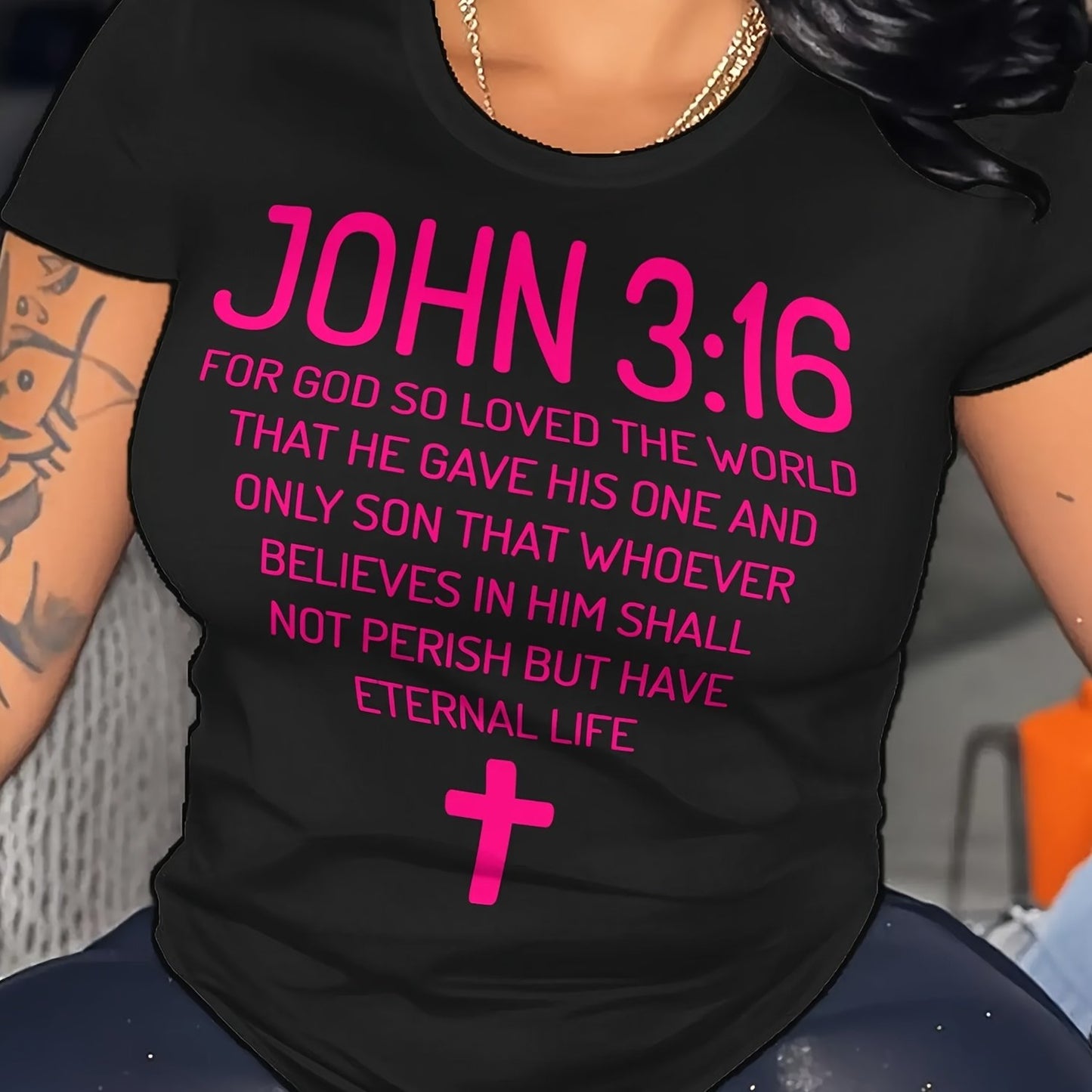 Plus Size - Plus Size Women'S "John 3 16 Bible Verse Scripture Christians" Print Summer T-Shirt | Soft Breathable Fabric | Casual Short Sleeve Round Neck Tee | Summer Vacation Clothing | Size 0XL-5XL - Coral - Black - Rose Re