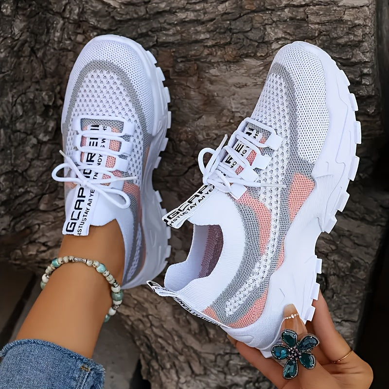 Women'S Stylish Knit Athletic Sneakers, Trendy Vibrant Low-cut Platform Walking Shoes, Airy Lightweight Comfortable Casual Footwear Extended Sizes