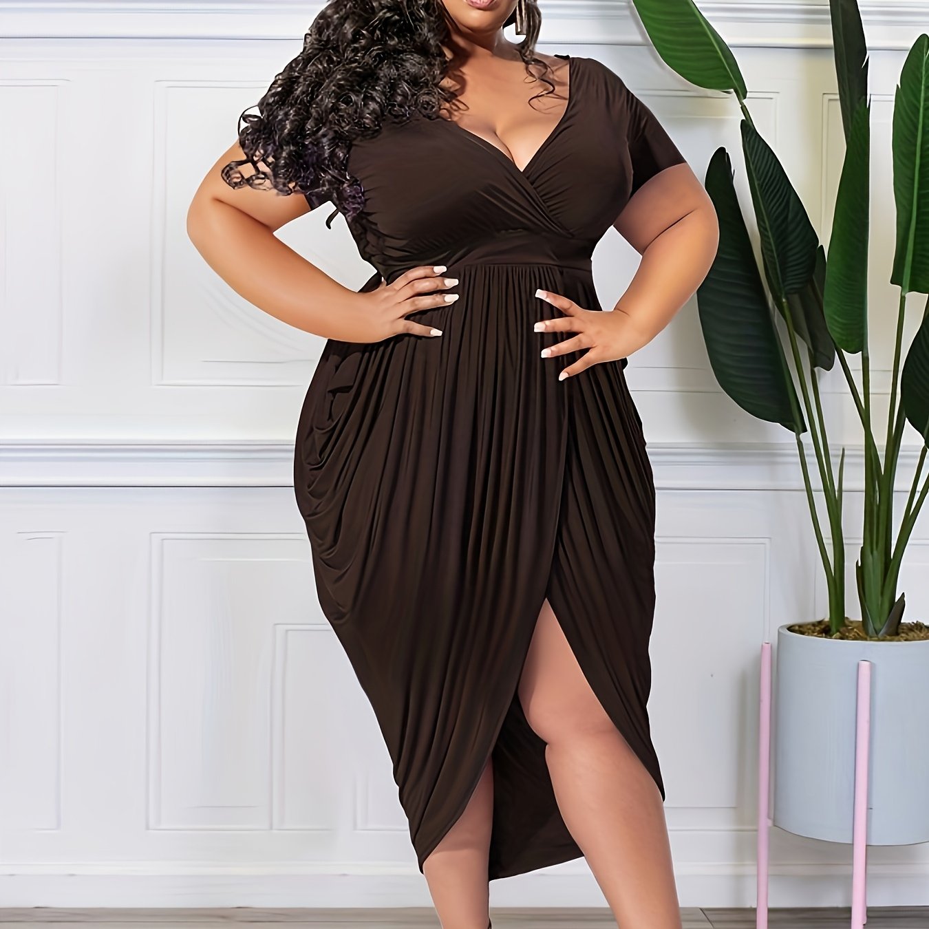 [Sensual Bodycon Dress] Sensual Plus Size Bodycon Midi Dress | Stretchy Polyester-Spandex Blend, Machine Washable, Deep V-Neck with High-Low Hem, Perfect for Parties & Night Out, Evening Event Attire