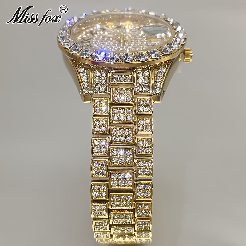 MISSFOX Elegant Quartz Watch for Women - Luminous, Round Alloy Case, Hip-Hop Iced-Out Design with Sparkling Crystals, Perfect for Casual or Formal Wear, Ladies Watches