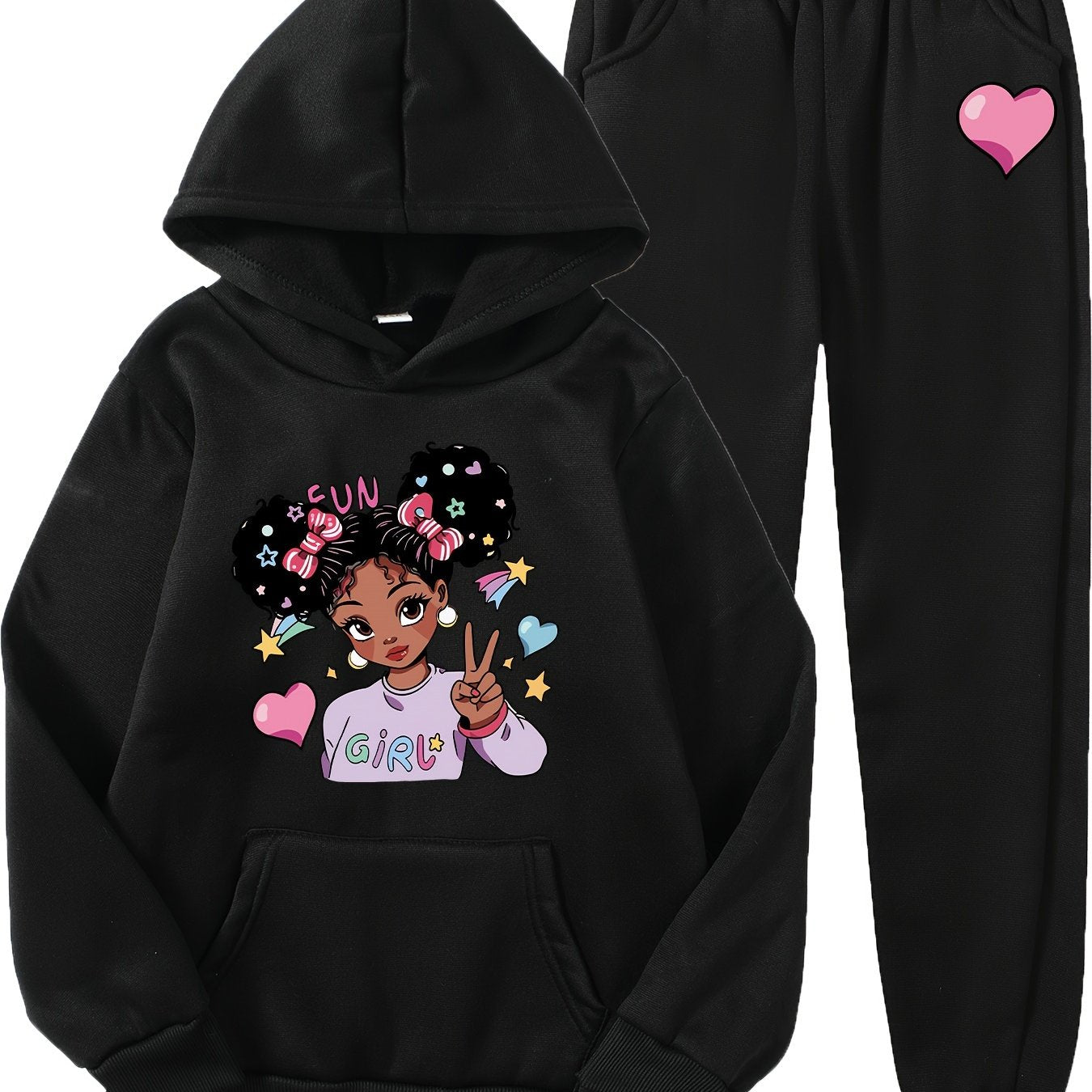 Fashion Cartoon Girl Pattern Print Autumn and Winter Girls' Long Pants Set Casual Hooded Sweatshirt + Joggers 2pcs, Perfect for Outdoor, Casual Attire, Cozy Outfit, Casual Wear, Trendy Design, Durable Material, Long Sleeve To