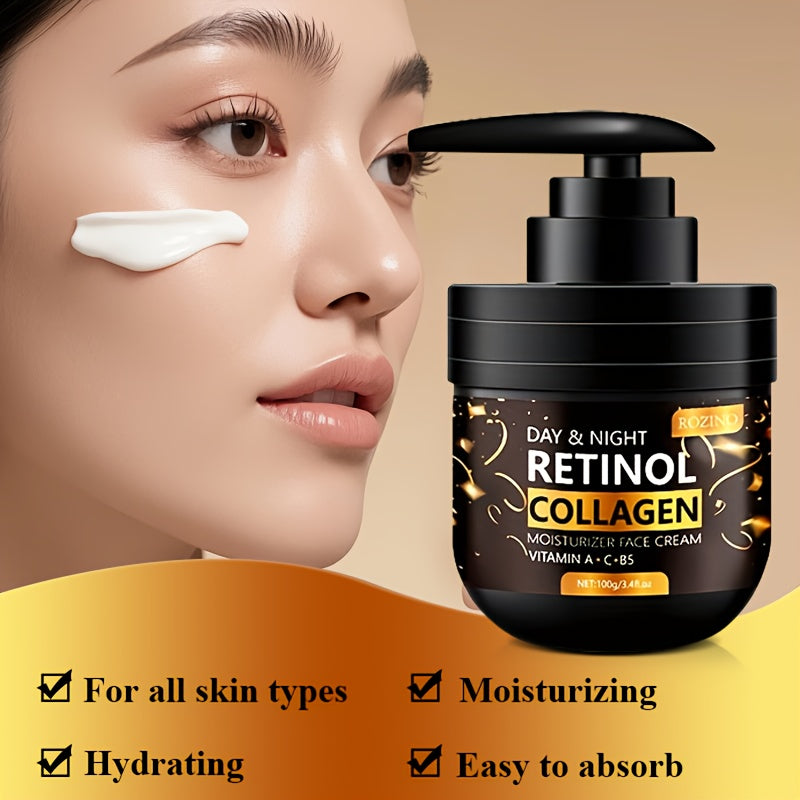 Retinol And Collagen Moisturizing Cream Enriched with Vitamin C And Hyaluronic Acid Provides Deep Hydration, Instantly Tightens And Lifts, And Enhances Skin Brightness. Suitable for All Skin Types, It Can Be Used Both Day And