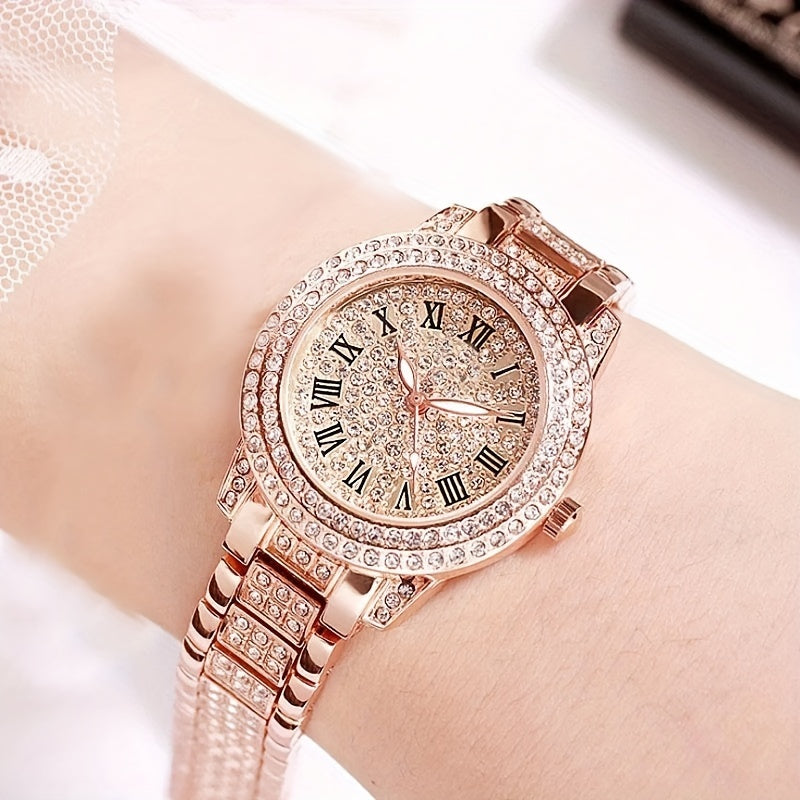 Rose Golden Round Rhinestone Quartz Watches Alloy Strap Zinc Alloy Pointer Zinc Alloy Dial Perfect Gifts For Women Men