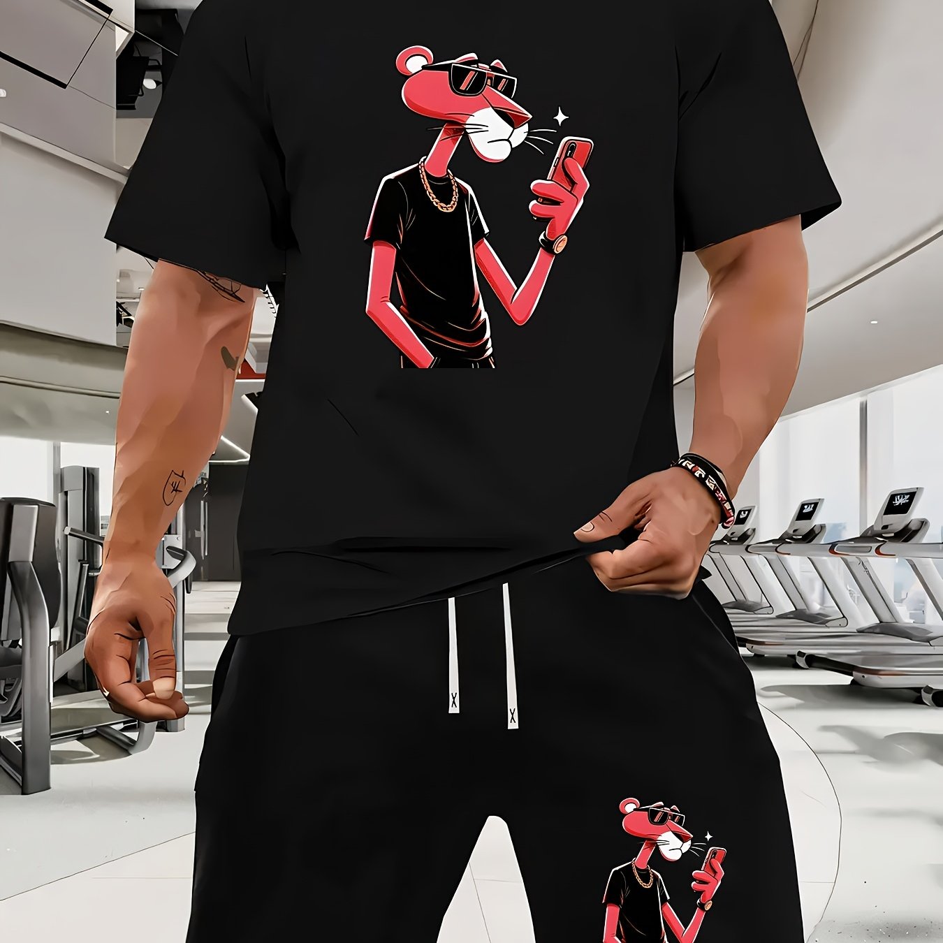 A Casual Sports Set Consisting of a Short-Sleeve T-Shirt Featuring a Stylish Pink Panther Cartoon Print And Fitted Shorts, Perfect for Spring And Summer Outfits.