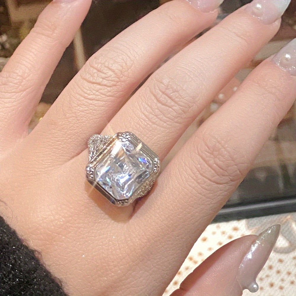 925 Sterling Silver Wide Face Ring, Luxurious And Fashionable, Princess Square Design, Fully Set with 5A Zirconia, Suitable for Daily Wear, Engagement, Date Parties, As A Gift for Your Girlfriend, with Gift Box Included