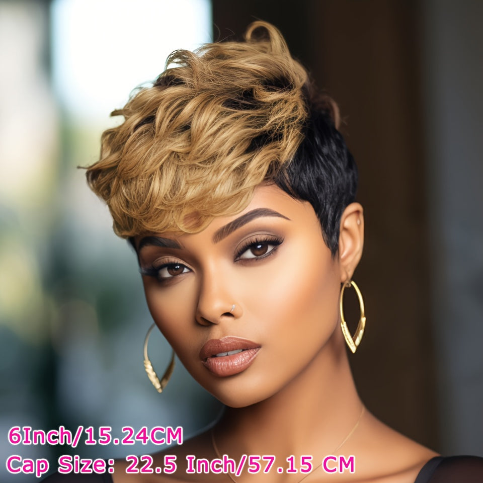 Women'S Remy Peruvian Human Hair Wig with Bangs - Layered Short Straight Pixie Cut, Natural Brown Balayage Highlights (1B/30#), Density Full Head