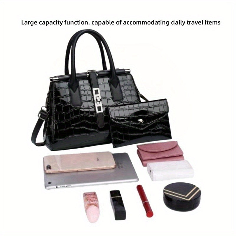 Simple classic mature temperament crocodile texture business leisure commuter Tote bag, large capacity handbag, fashion two Women's bag set, single shoulder crossbody bag