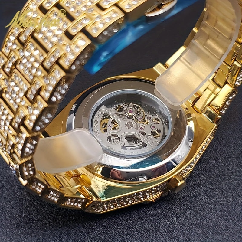 MISS FOX Men'S Luxury Golden Rhinestone Wrist Watch - Hip-Hop Ice Automatic Mechanical Movement, Round Analog Display with Glitter Embellishments, Zinc Alloy Band, Fashionable Large Dial Timepiece for Parties & Formal Events,