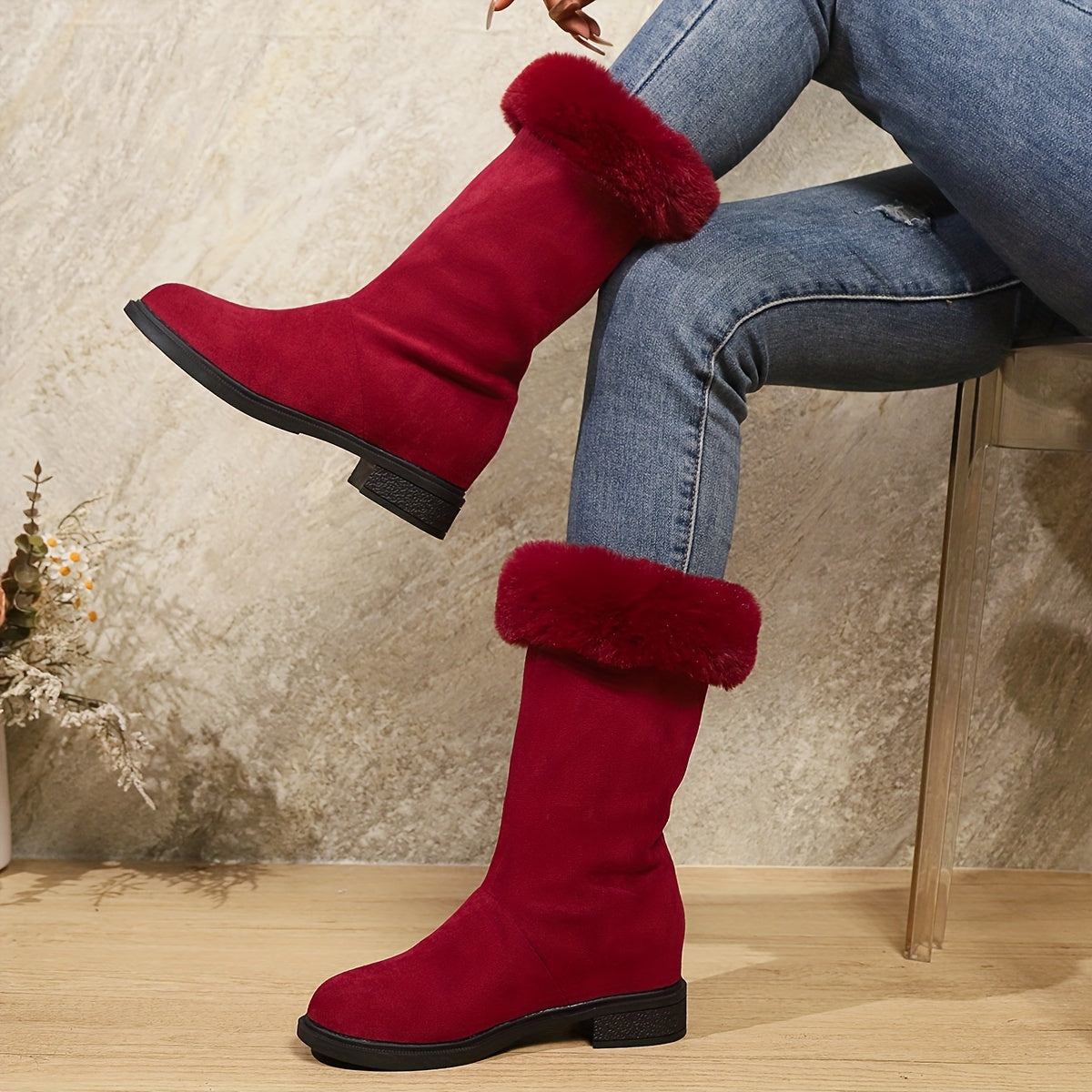 Ladies' Fashion Classic Plush Women'S Boots | Soft Touch, Winter Warm Comfort, Slip-on, Platform Heel, Mid Heel Height