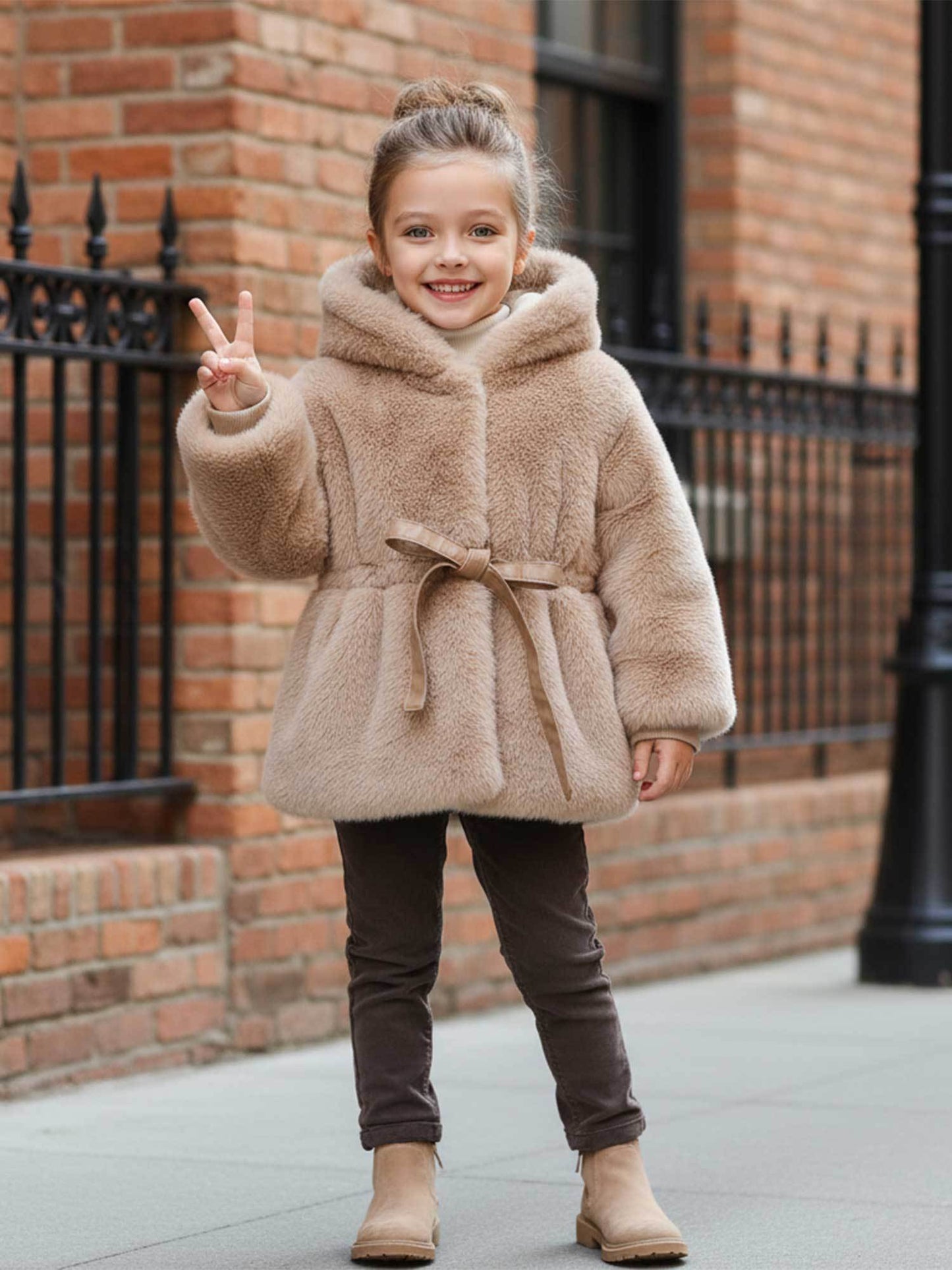 Girls' Winter Korean-Style Hooded Jacket with Faux Fur Plush & Waist Tie Belt - Thickened Coat, Beige/White Fur Outer, Loose Fit Warm Coat for, Playdates & Outdoor (Machine Washable) - Outerwear