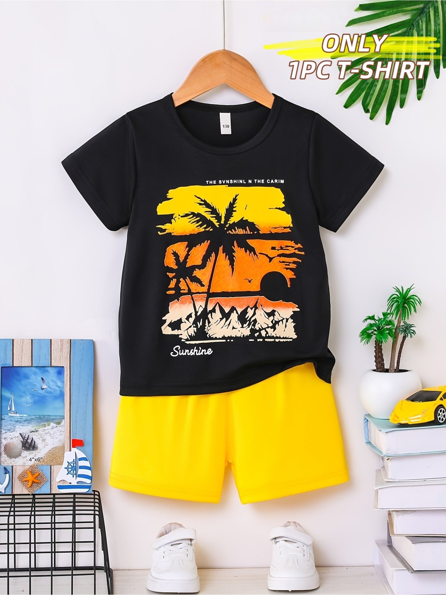 1 Boys 100% Cotton T-Shirt - Tropical Sunset Beach Coconut Tree Print Short Sleeve Crew Neck Top, Black with Yellow Orange Pattern, Breathable Casual Shirt for Outdoor Play, Sports and Daily Wear, Machine Washable, Ideal Gift