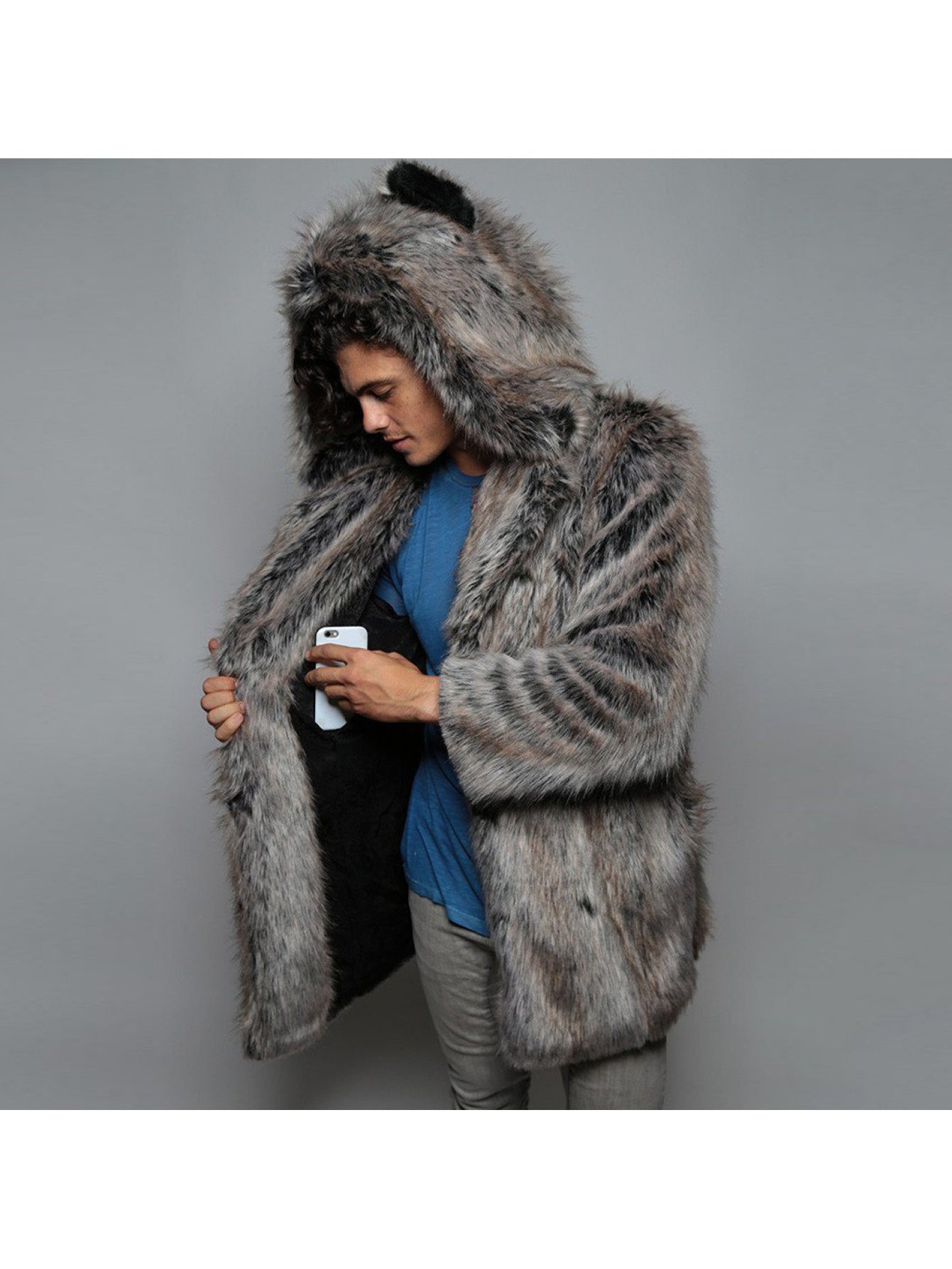 New European and American Style Faux Fur Coat for Men Winter Casual Warm Mink Fur Long Coat with Hood