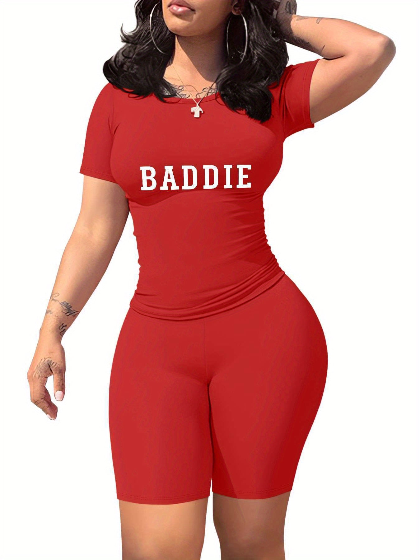 Baddie Women'S SlimFit TShirt and Shorts Set, Premium Baddie Lettering Print, Durable Baddie Graphic Design, Casual Baddie Style Fashion with Soft Fabric, Comfortable and LongLasting Baddie Trend., Allseason Apparel, Trendy O