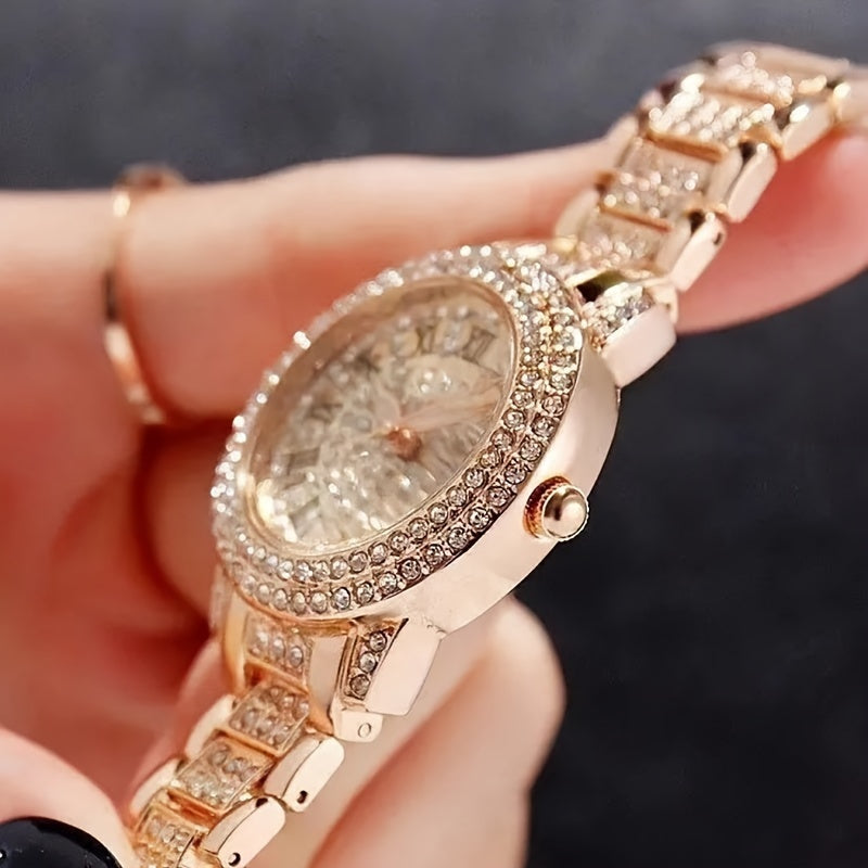 Rose Golden Round Rhinestone Quartz Watches Alloy Strap Zinc Alloy Pointer Zinc Alloy Dial Perfect Gifts For Women Men