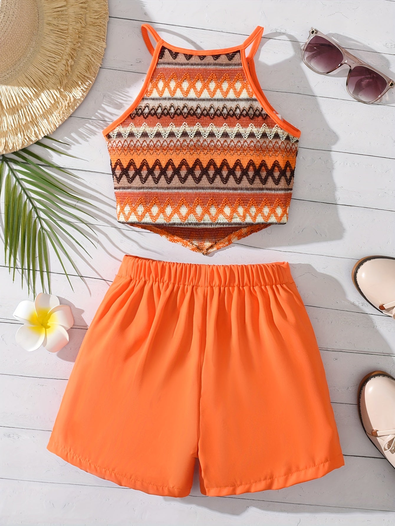 Tropical Chic] Tropical Print Tank Top & Cargo Shorts Set - Off-Shoulder, Asymmetrical Hem, Stretchy Blend, Vibrant Summer Outfit for Women, Vacation Clothing | Asymmetrical Hem Top | Textur, for Outdoor