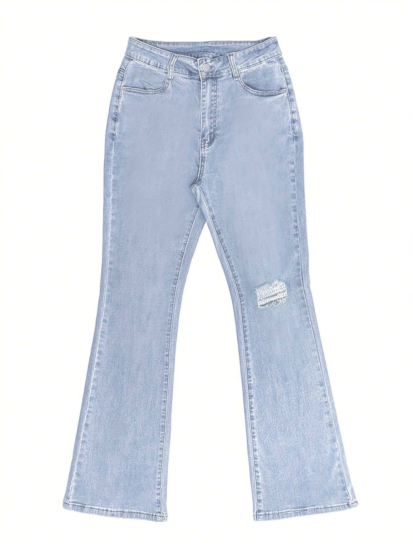 Bootcut Women Jeans High Blue Waist Elasticity Slim Fit Wash with Holes Casual Versatile