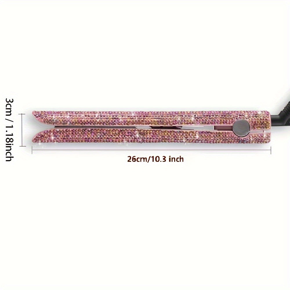 DORISILK 480°F High Temp Hair Straightener and Curler, Titanium Flat Iron Rhinestone Straightening Iron, 2 in 1 Straightening Curling 1" Salon Professional Dual Voltage Crystal Bling Rose Pink