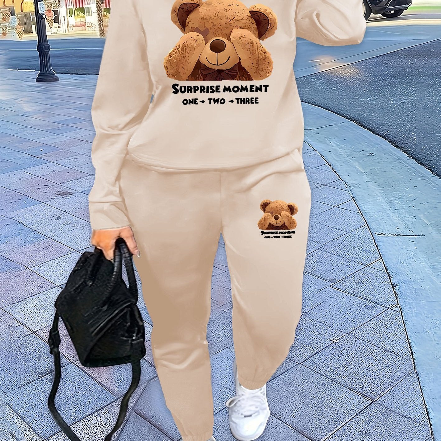 Bear Print Two Piece Set, Crew Neck Sweatshirt & Pants, Women's Clothing