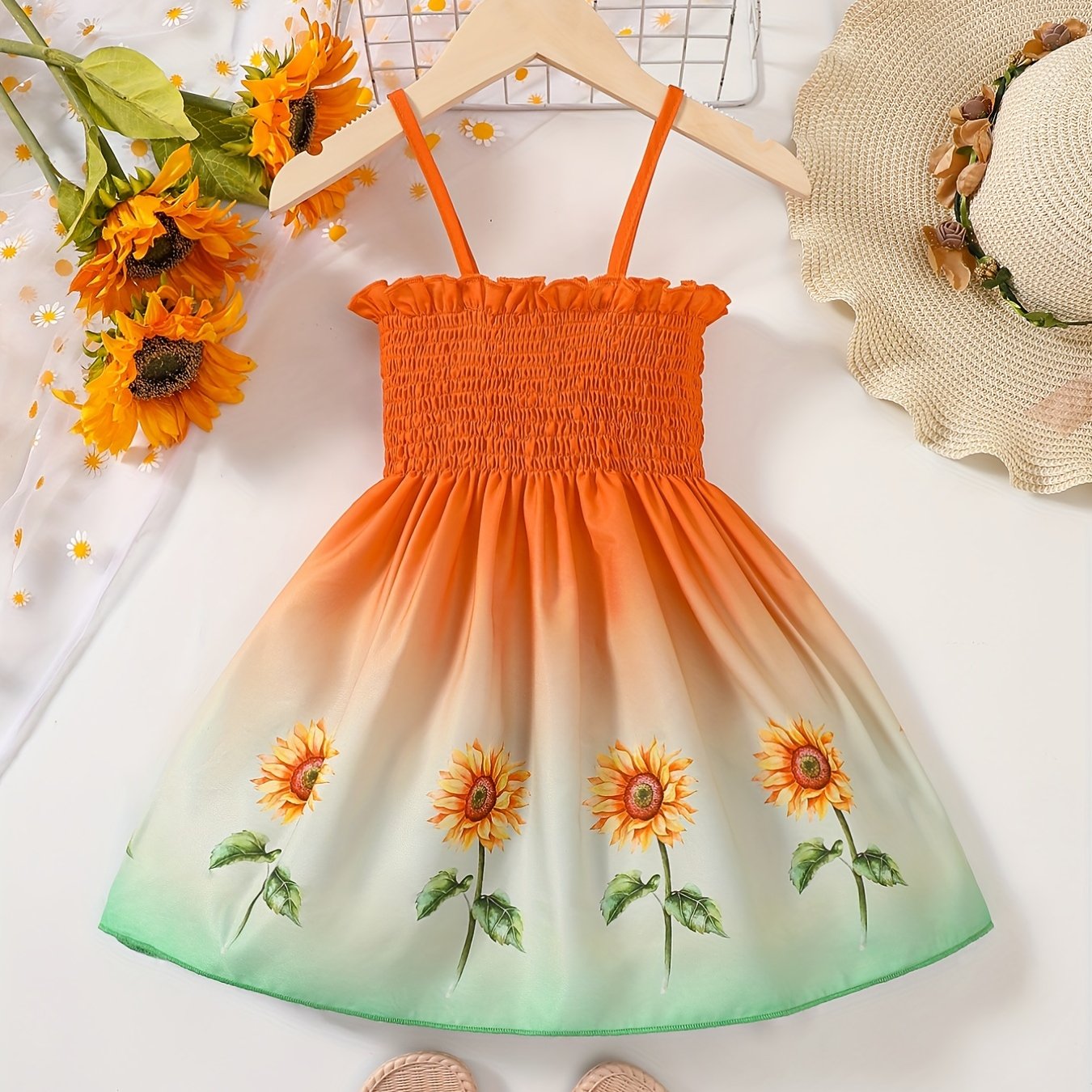 [Sunflower | Girls] Gradient Color Sunflower Princess Dress | Toddler Girls Shirred Cami Frill Trim | For Party Beach Vacation Kids Summer Clothes 4th Of July Outfit