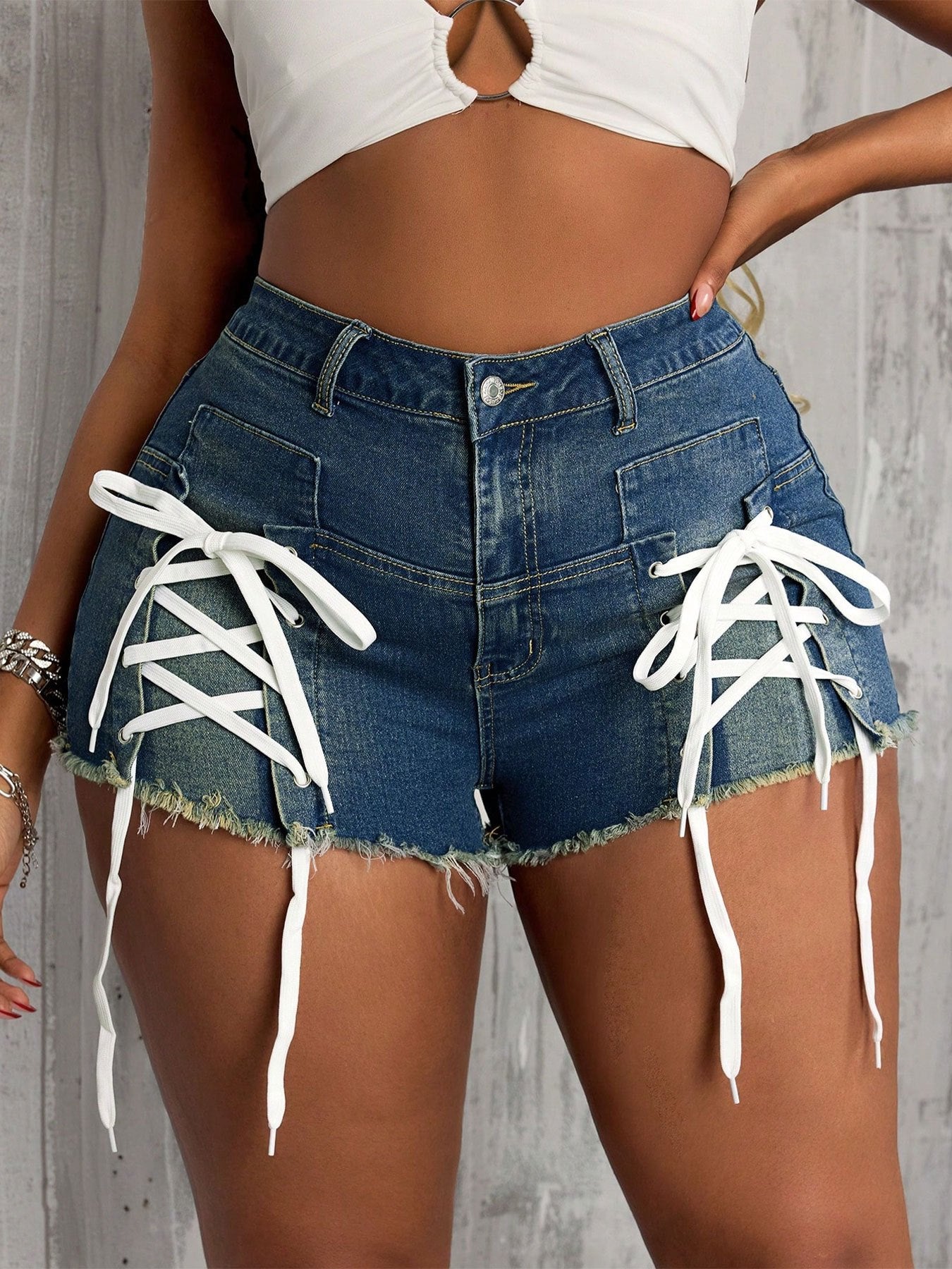 Women's Plus Size Stretch Denim Shorts - Sexy Skinny Super Short Jeans with Crisscross Drawstring Waist, High-Stretch Denim & Mid-Thigh Length for Summer Outfits, Casual Wear, Stylish Summer Apparel, Highstretch Fabric