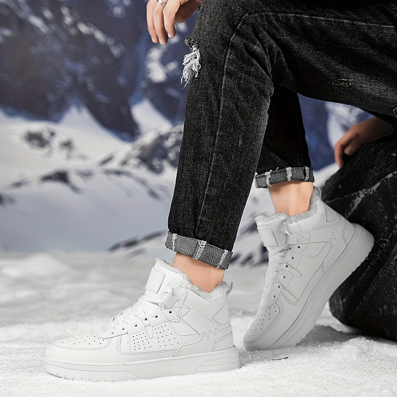WANWEISI Men's Winter High-Top Thick-Sole Sneakers with Plush Fleece Lining - Heavy-Duty & MD Sole, Lace-Up Winter Boots for Hiking, Outdoor, Casual & Casual Attire - Warm Thermal Insulation, Cushioned Comfort, White/Black/Re