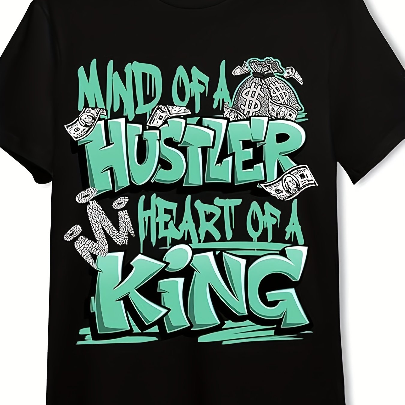 Generic Hustler Heart King Unisex T-Shirt - 220g Pure Cotton Retro Streetwear Tee with Graffiti Money Motif, Matching AJ 3s Green Glow Design, Regular Fit Round Neck Short Sleeve for Men & Women (Black/White), Everyday Outfit