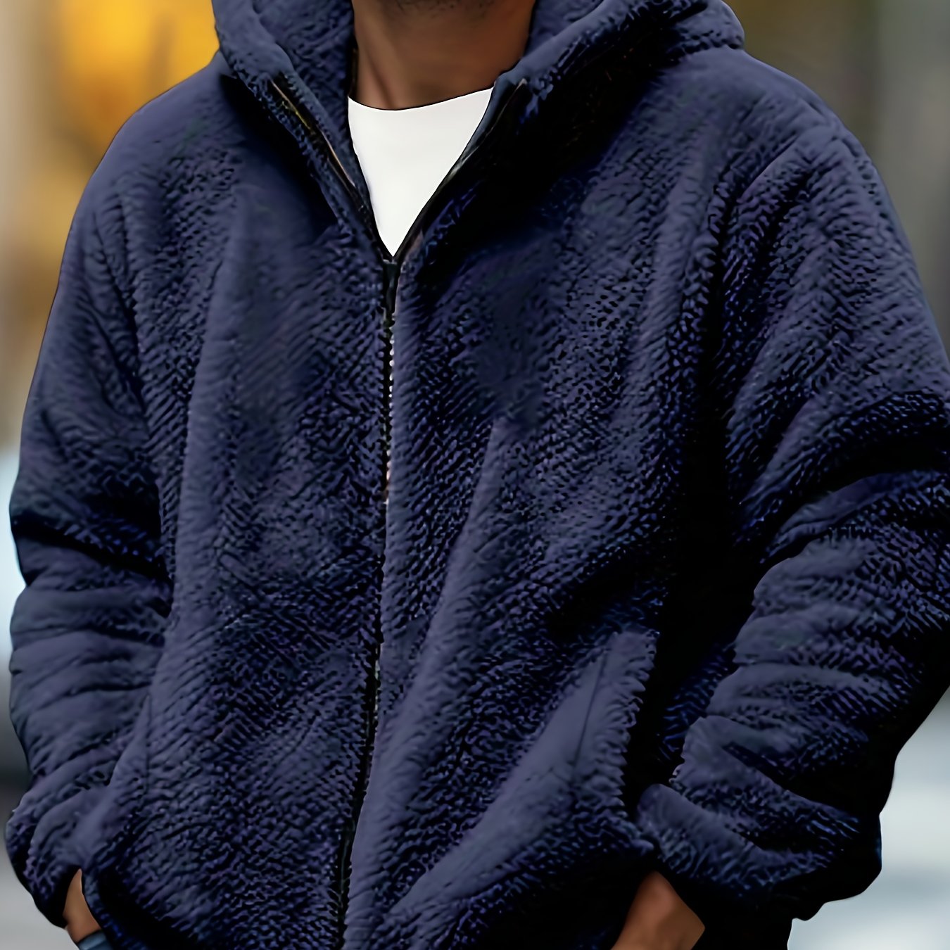 Men's Plush Jacket with Hood - Coral Fleece-Like Outer, Full-Zip Winter Warm Coat, Machine Washable, Pockets & Adjustable Hood, Casual Outerwear for Fall/Winter (No Bulk) - Ideal for Cold Weather (OBM