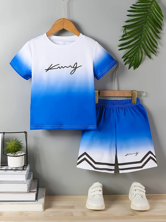 Summer Fashion Boys Trendy Simple Blue And White Gradient Short Sleeve Shorts Set, Perfect for Summer Outdoor Activities, Daily Wear, Leisure, Entertainment, Gatherings, Parties, School, Travel, An Ideal Gift., Perfect for Ou