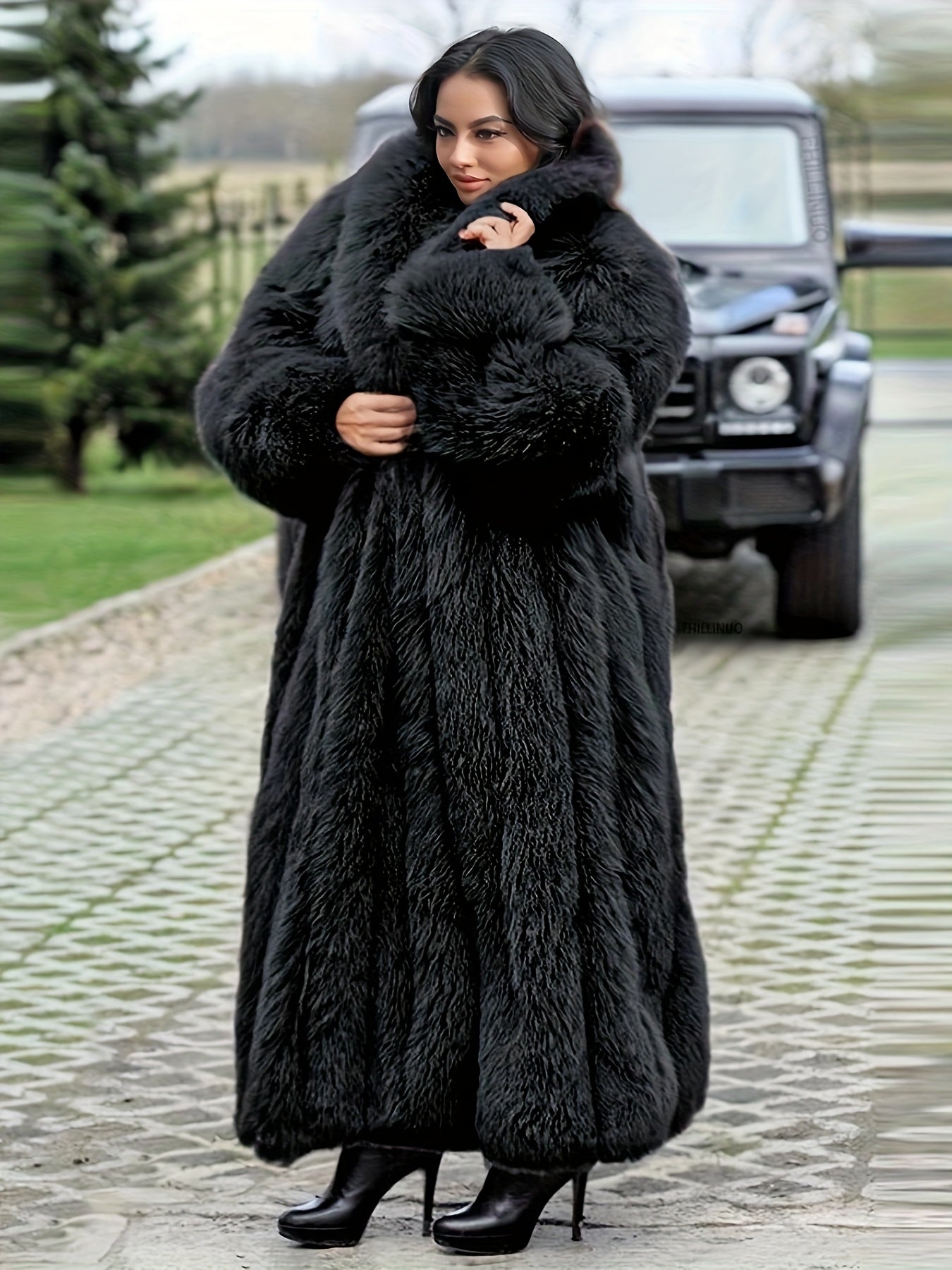 Plus Size - Plus Size Long Faux Rabbit Coat for Women | Stylish and Casual with Elegant Vibe, Non-Stretch Fabric, Lapel Collar, Solid Color, Regular Sleeve, Long Length, Fall/Winter Season