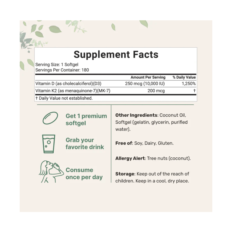 Micro Ingredients, Vitamin D3 10000 iu Plus K2 (MK-7) 200 mcg, 180 Virgin Coconut Oil Softgels| 2 in 1 Vitamins D & K Complex | Supports Calcium Absorption, Bone, Immune, & Heart Health – Easy to Swallow | Local Warehouse