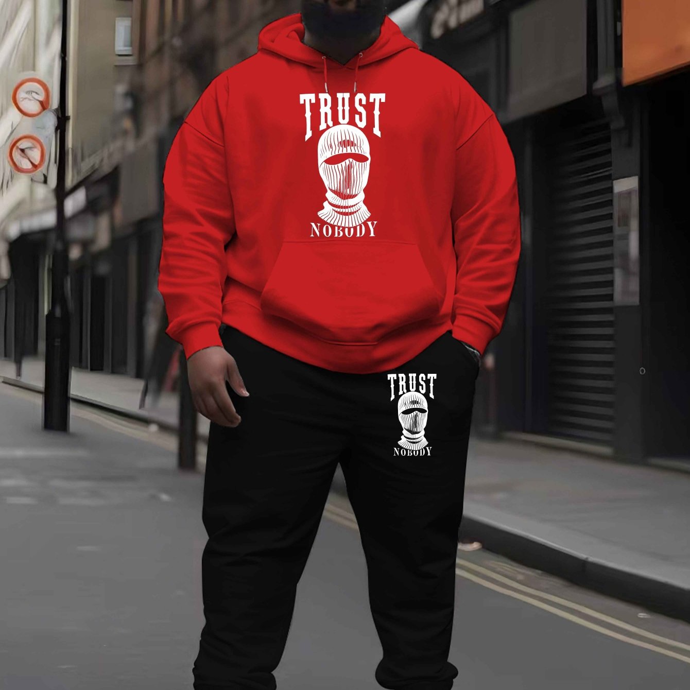 Trust Nobody Men's Large Size Autumn and Winter Hooded Sweatshirt Set New Men's Trendy Printed Drawstring Hoodie Casual Sports Top Set, PLUS SIZE